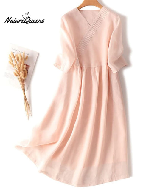 Cotton And Linen V-Neck Three-Quarter Sleeves Loose Solid Color Waist A-Line Dress