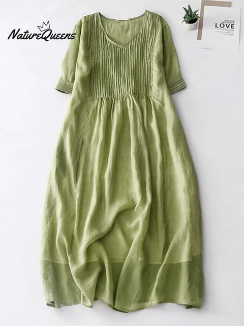 Elegant Pleated Loose Cotton Linen Dress