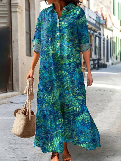 Vibrant Peacock Feather Pattern Printed Women's Pocket Cotton Dress