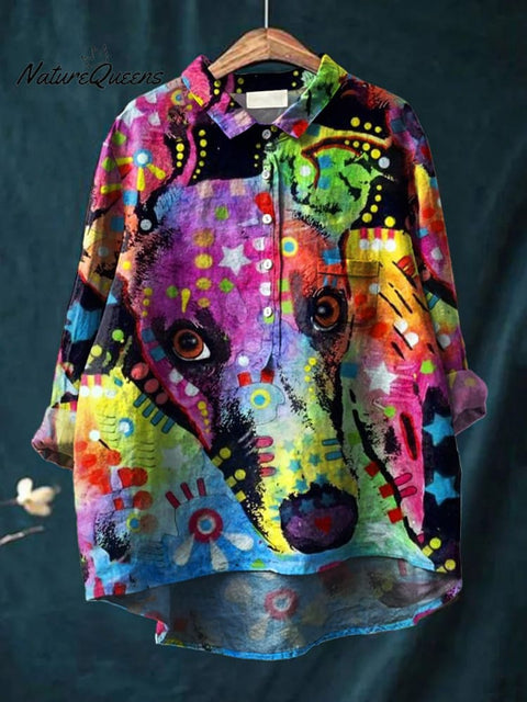 Women's Dog Art Print Casual Cotton And Linen Shirt