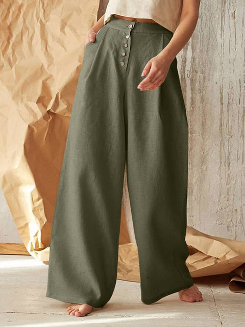 Women's Solid Color High Waist Casual Buttoned Cotton and Linen Wide Leg Pants
