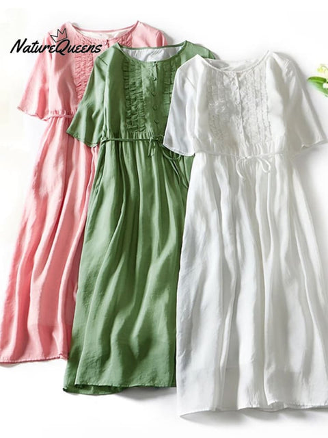 Double Layered Lace Up Waist Up Cotton Linen Middle Sleeve Dress