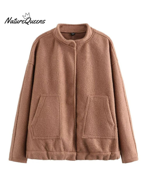 Women's Stylish Casual Long Sleeve Pockets Woolen Jacket Coat