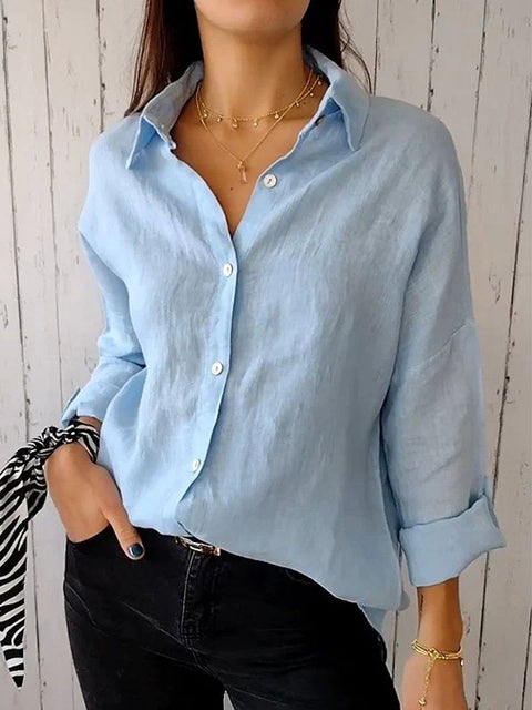 Women's Stylish Lapel Fashion Solid Color Button Long Sleeve Casual Shirt