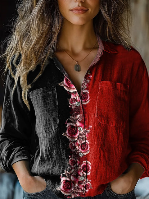 Romantic Rose Symmetrical Art Printed Women's Casual Long Sleeve Comfortable Cotton Shirt