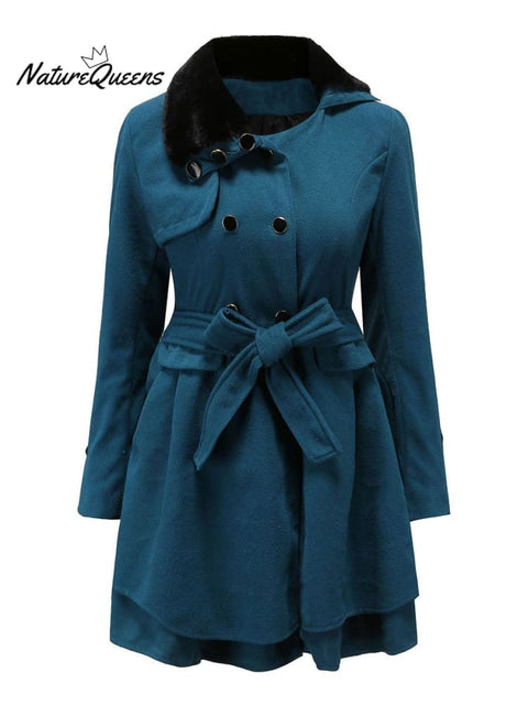 Women's Dress Jacket Trench Fur Collar Winter Long Peacoat Coat Outwear