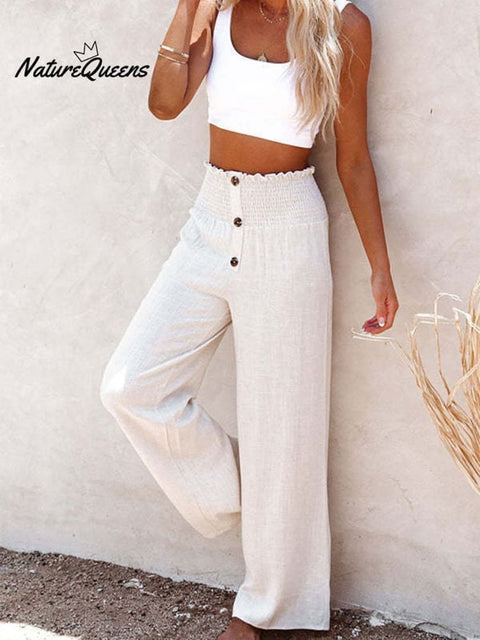 Hemp Elasticated Loose Casual Wide - Leg Women’s Trousers White / S
