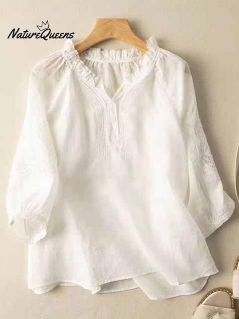 Embroidery Flower Cotton And Linen V-Neck Seventh Sleeve Blouse