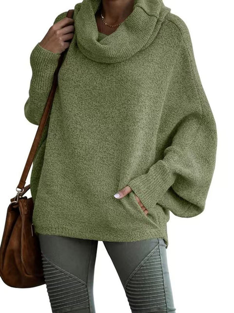 Women's Stylish Casual Long Sleeve Pullover Solid Color Loose Turtleneck Knitted Sweater