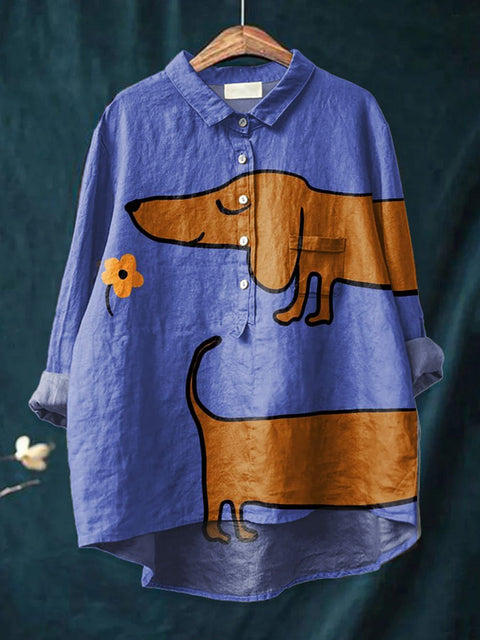Women's  Dog Art Print Casual Cotton And Linen Shirt
