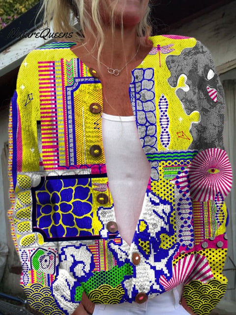 Abstract Style Pixel Art Printed Buttoned Cardigan Sweater