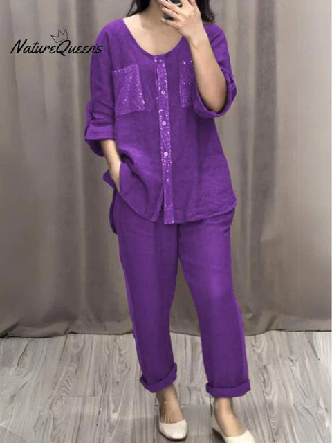 Cotton and Linen Sequined Round Neck Mid-sleeve Two-piece Suit