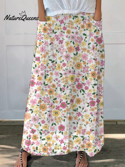 Lovely Floral Field Pattern Printed Women's Linen Pocket Skirt