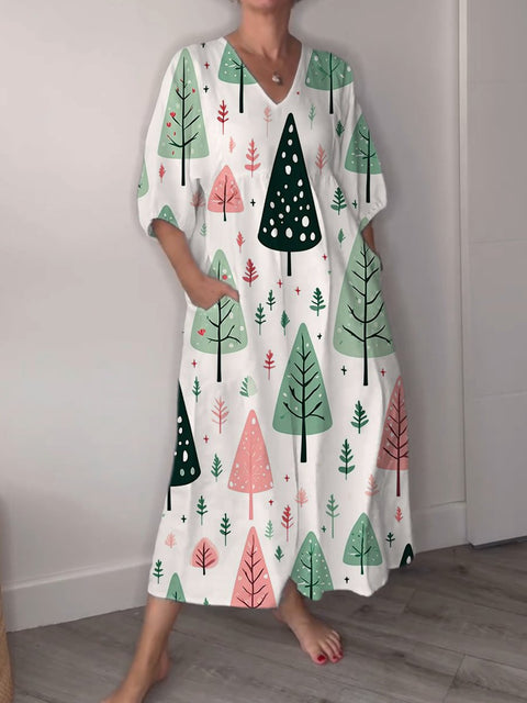 Women's Simple and Lovely Tree Print Pocket V-neck Cotton Dress