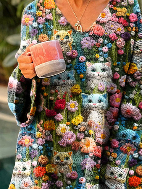 Women's Lovely Floral Cats Art Print Casual Pullover Sweater