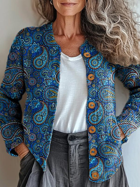 Elegant Paisley Pattern Printed Buttoned Cardigan Sweater