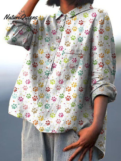 Lovely Animal Paws Pattern Printed Women's Casual Cotton And Linen Shirt