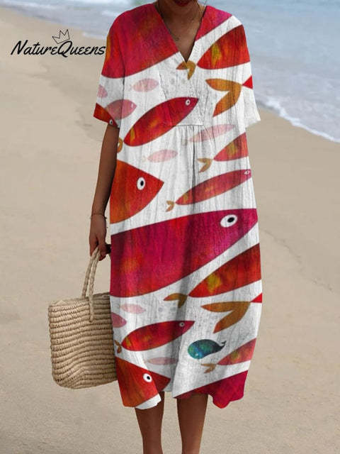 Decorative Pattern of Red Fish Swimming Diagonally Upwards Flowy Dress