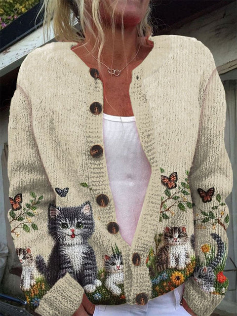 Retro Cat Art Print Buttoned Cardigan Sweater
