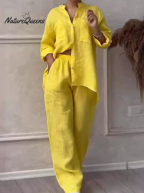 Women's Casual cotton and linen solid color shirt drawstring wide leg pants suit