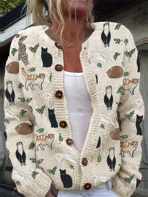 Retro Cat Art Print Buttoned Cardigan Sweater