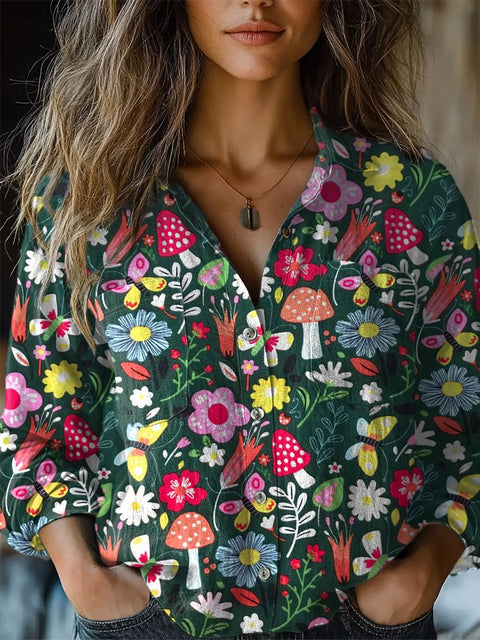 Women's  Floral Art Print Casual Long Sleeve Comfortable Cotton Shirt