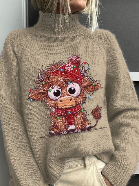 Embroidery  Highland Cow  Christmas Art Print Knit Turtleneck Pullover Sweater