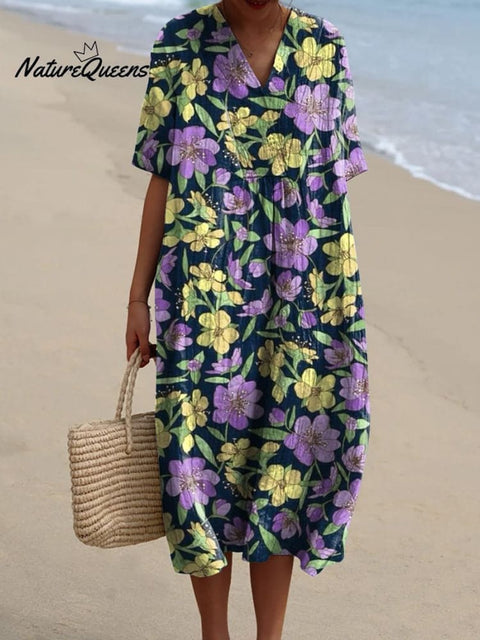 Retro Style Purple And Yellow Floral Pattern Printed Women's Flowy Dress