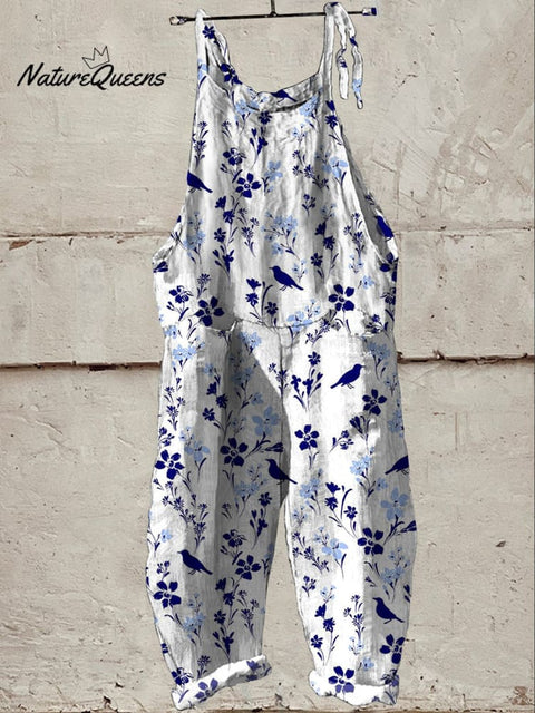 Birds In Floral Garden Pattern Printed Women's Casual 100% Cotton Wide Leg Jumpsuit