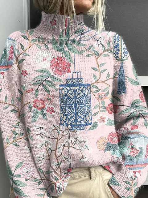Chinoiserie Flowers Art Print Knit Turtleneck Pullover Sweater