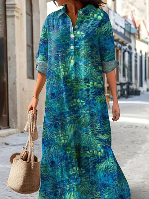 Vibrant Peacock Feather Pattern Printed Women's Pocket Cotton Dress