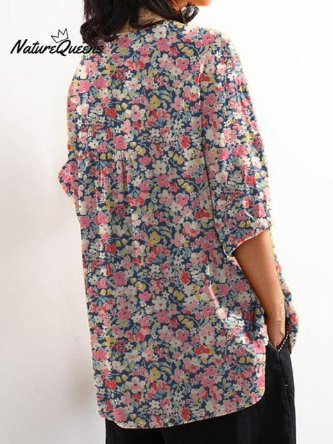 Retro Style Small Summer Floral Pattern Printed Women's Casual Cotton And Linen Shirt
