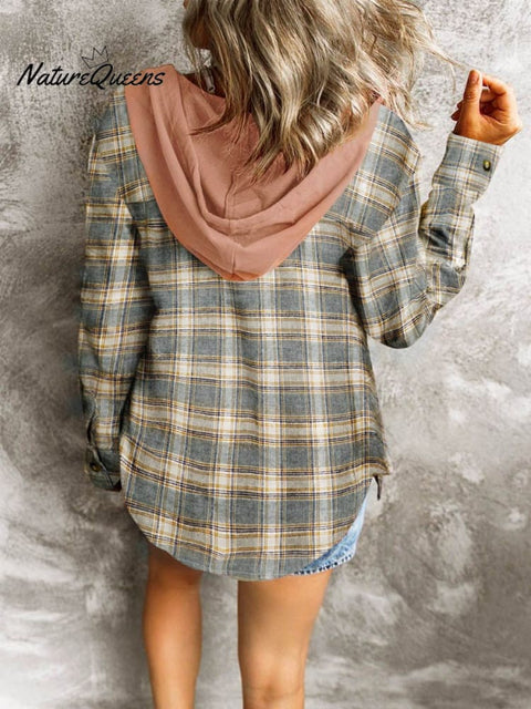Women's Hooded Colorblock Plaid Stylish Casual Shirt Jacket