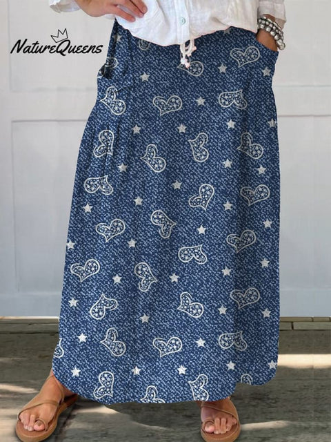 Denim Style Heart Pattern Printed Women's Linen Pocket Skirt