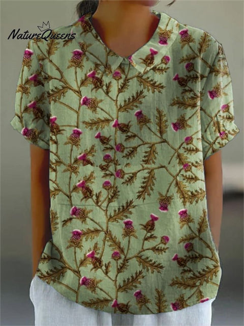 Women's Flower Art Print Casual Cotton And Linen Shirt