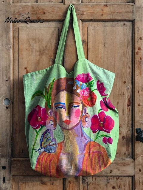 Oil Painting Women's Portrait Art Printed Linen Tote Bag