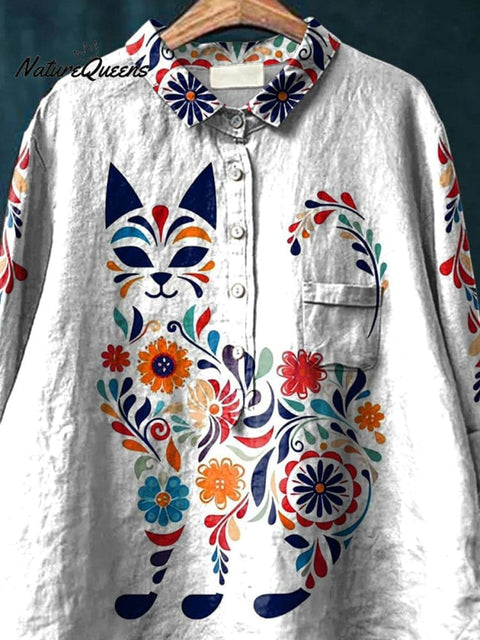 Ethnic Style Cat Graphic Printed Women's Casual Cotton And Linen Shirt