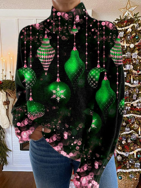 Glitter  Christmas Print Knit Turtleneck Pullover Sweater