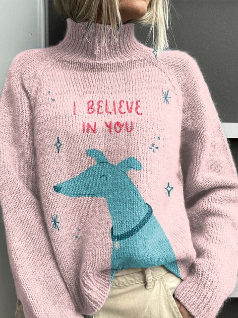 Greyhound Encouragement Words Decorative Pattern Knit Turtleneck Pullover Sweater