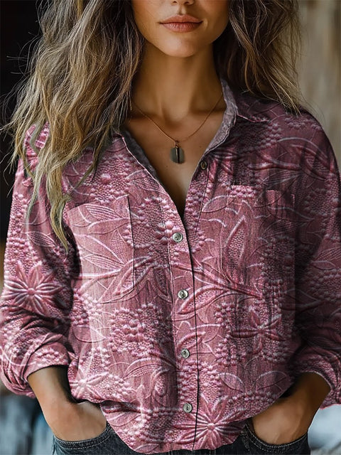 3D Floral Pattern Printed Women's Casual Long Sleeve Comfortable Cotton Shirt
