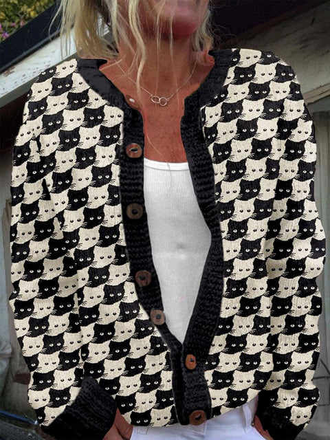 Retro Cat Art Print Buttoned Cardigan Sweater