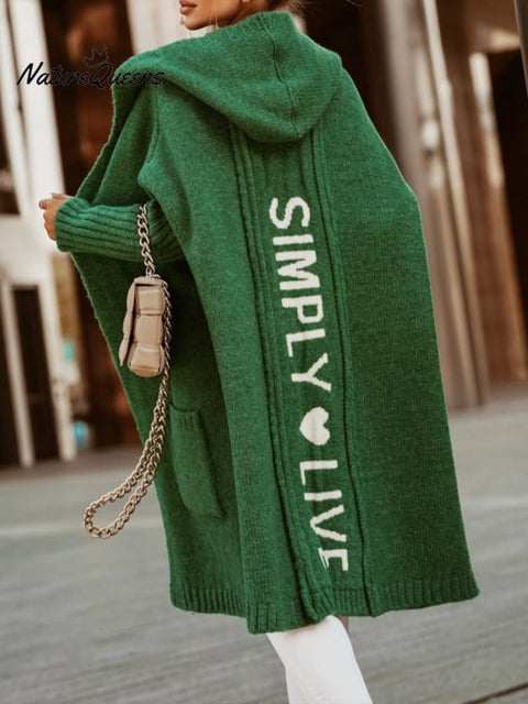 Long Cardigan Lapel Hooded Long Lettered Loose Knitted Jacket
