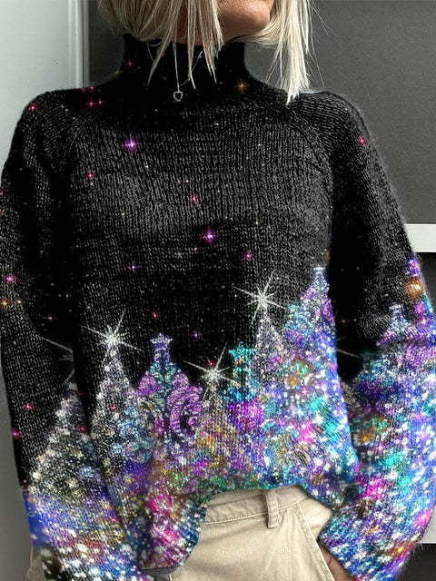 Glowing Christmas Tree Print Knit Turtleneck Pullover Sweater