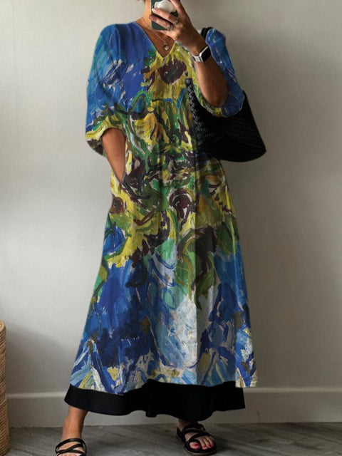 Painting Art Sunflower Bouquet Decorative Pattern Pocket V-neck Cotton Dress