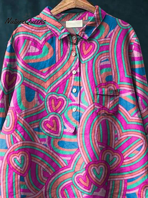 Abstract Heart Pattern Printed Women's Casual Cotton And Linen Shirt