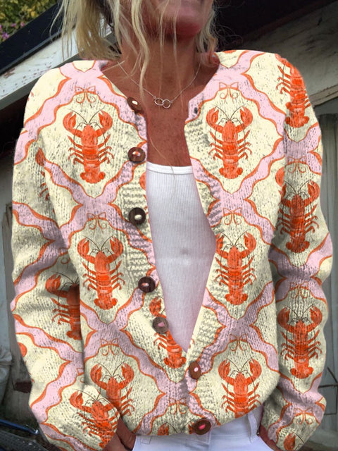 Cute Pink Lobster Print Buttoned Cardigan Sweater
