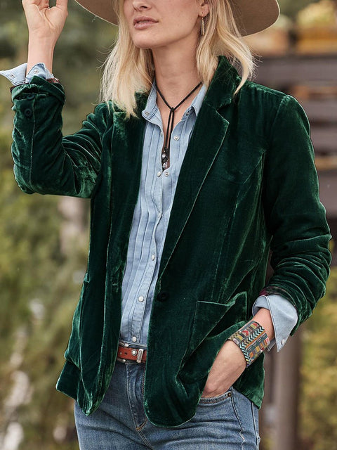 Women's Retro Solid Color Velvet Casual Suit Jacket