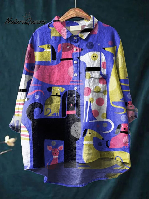 Women's Dog Art Print Casual Cotton And Linen Shirt
