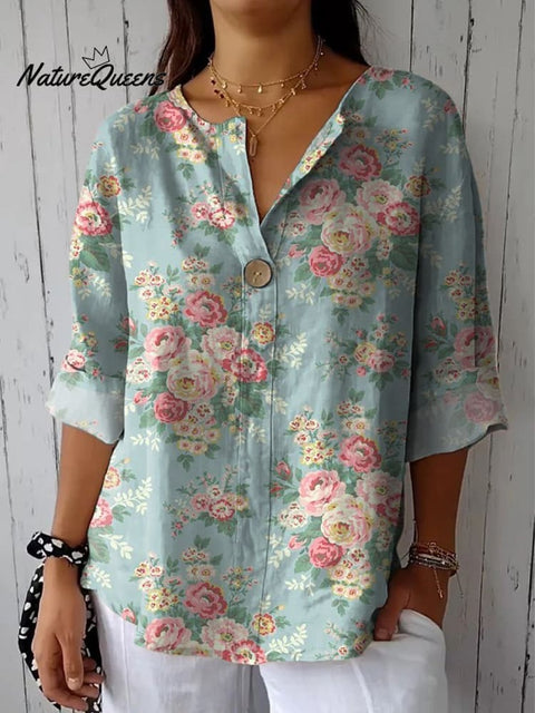 Retro Style Ditsy Rose Pattern Printed Women's Casual Cotton Linen Shirt