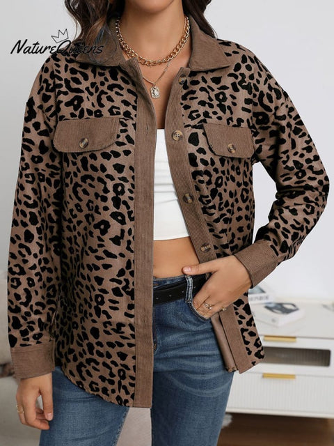 Women's Leopard Print Button Down Long Sleeve Jacket